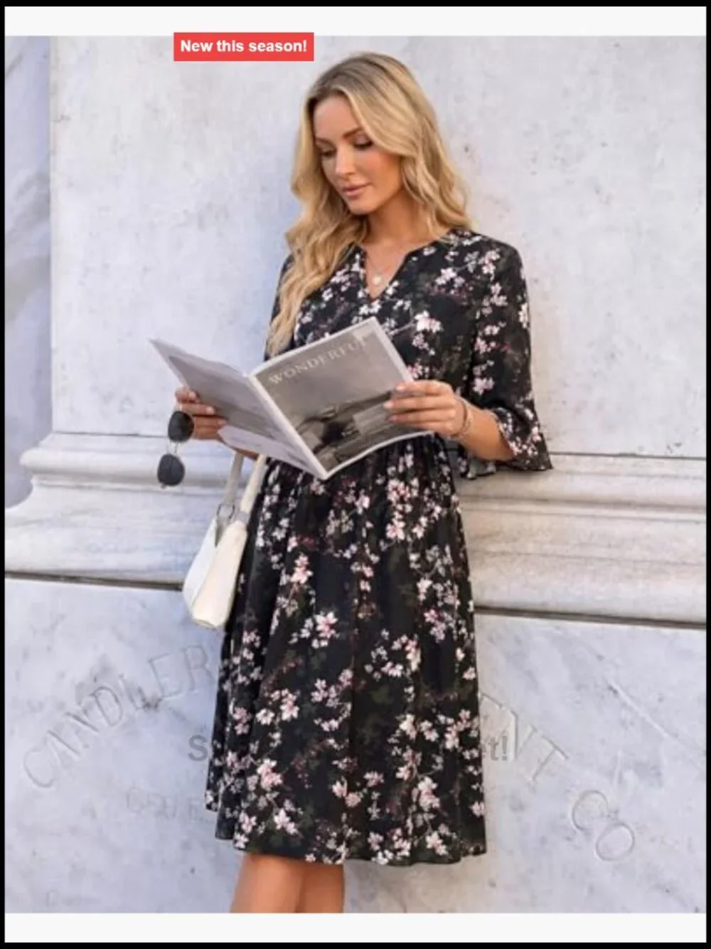 Women's V Neck 3/4 Sleeve Chiffon Floral Midi Dress Casual